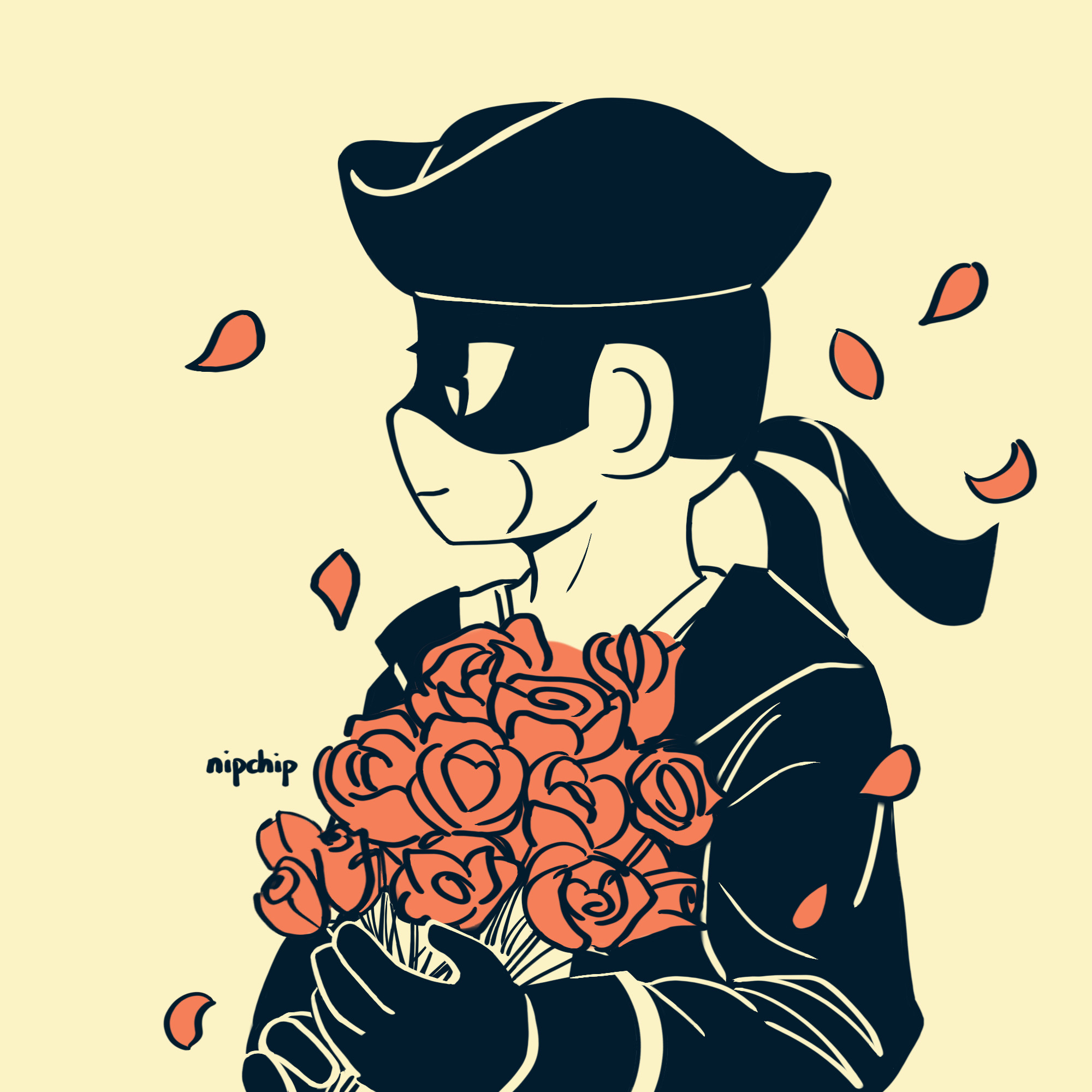 Highwayman Jericho looking to the left, holding a bouquet of roses in his hands. Rose petals are flying around him.